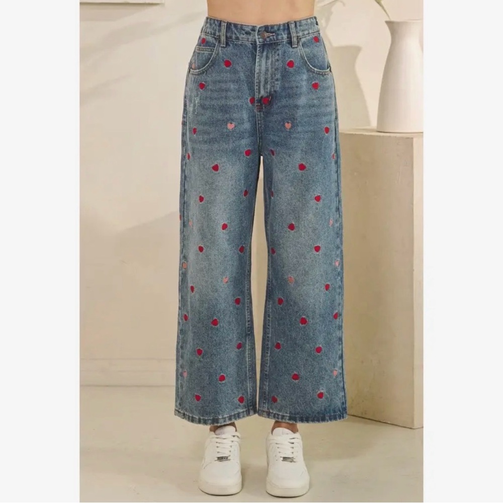 Oli & Hali Blue Wide Leg Jeans with Red Heart Embroidery - Picture 2 of 12